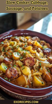 This Slow Cooker Cabbage, Sausage, and Potatoes recipe is the ultimate cozy comfort food! Tender vegetables and sausage simmered to perfection make for an easy, flavorful meal your whole family will love. Save this easy crockpot recipe today! #SlowCookerCabbage #SausageAndPotatoes #ComfortFoodRecipes #OnePotMeals #SlowCookerMeals #EasyDinnerIdeas #HeartyDinners #CrockpotCooking