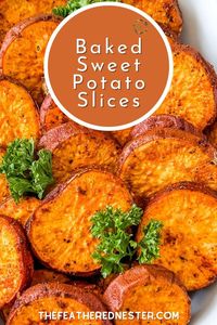 Baked Sweet Potato Slices are the perfect side dish for your holiday meal or an after-school snack. Baked sliced sweet potatoes are thinly sliced and baked until they are golden brown and tender.