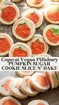 Soft, chewy, and quite literally identical in taste and texture, these copycat Pillsbury pumpkin sugar cookies are made with the simplest slice n’ bake cookie dough. Just 6 simple ingredients, and no eggs nor dairy is needed!