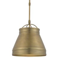 The Lumley Brass Pendant has an urban edge to its design with its hand-finished frame in an antique brass. The petite shade extends from a stem with an adjustable hanging length to make this brass pendant terrific for grouping at different heights. Design Information UPC 633306023567 Category Lighting First Sub-Category Pendants Second Sub-Category Chandeliers Finish Antique Brass Materials Metal Dimensions & Weight Overall Height 14 Overall Diameter 13 Adjustable Y Adjustable Height Minimum 23.