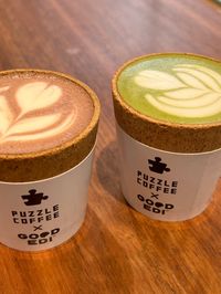 Matcha and hot chocolate in an edible cup