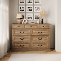 This double dresser anchors your bedroom in a rustic, modern style and offers some extra storage space. It's crafted from engineered and solid wood, and it features a light brown finish with wormhole distressing for a time-faded effect. Each drawer is equipped with robust metal slides, capable of supporting up to 33lbs, ensuring durability and reliability. The nine dovetailed drawers roll open on ball-bearing glides, allowing you to easily access clothes, delicates, and extra bedding. Inset pane