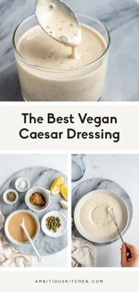 The best vegan caesar dressing recipes you'll ever make! This easy, creamy vegan caesar salad dressing is nut free thanks to tahini and filled with delicious flavor from fresh lemon juice, capers and a little dijon mustard. Add it to salads, veggies bowls and more! #saladdressing #vegan #dairyfree #dressing #caesarsalad