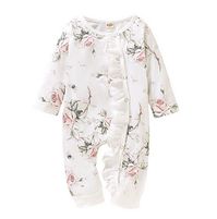 A sweet jumpsuit with a gorgeous floral print and super cute ruffles. Snap buttons for quick and easy changes.