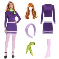 PRICES MAY VARY. Stand out: Whether it's a Halloween party, cosplay convention or themed event, this Daphne costume will put you in the spotlight. Material: Lightweight and breathable polyester spandex blend material, soft to the touch and comfortable to wear. It's very slim and shows off your figure well. Contains: a sexy purple crop top long-sleeved shirt, a women's tight skirt, a purple headband, an orange wig, a green silk scarf, and a knee-high stockings. Washing instructions: Can be machin