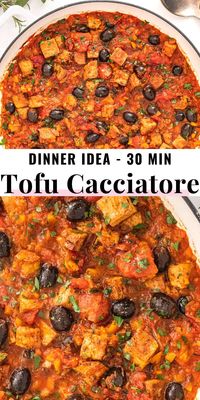 Tofu cacciatore is incredible and probably our favorite tofu recipe of all. Inspired by my Italian grandma's chicken cacciatore, we cook the tofu with a rich tomato sauce, olives, and herbs.We gave this to tofu-haters, and they LOVED it. It's a restaurant-worthy meal that you can easily make at home, with little effort, in about 30 minutes, and with a few simple ingredients.