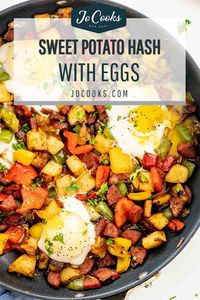 Breakfast, brunch, lunch, or dinner, this tasty Sweet Potato Hash is calling your name, topped with eggs, smokey sausage and hints of cumin. #sweetpotatohash #recipe #breakfast #eggs