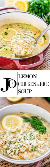 This Lemon Rice and Chicken Soup also known as Avgolemono is a classic Greek soup thickened with eggs, loaded with rice, chicken and flavored with lots of lemon. #lemonricechickensoup #soup #avgolemono