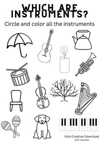 Digital worksheet where student will identify musical instruments amongst other everyday objects.