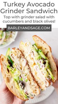 This turkey avocado grinder sandwich has crusty bread layered with turkey, cheese, avocado, and a creamy grinder salad! It's the perfect summer lunch for enjoying poolside!