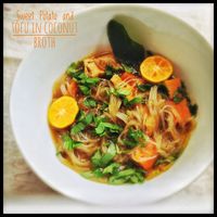 Sweet Potatoes and Deep Fried Tofu in Coconut Miso Broth with Noodles