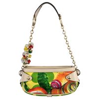 Versace Tropical Miami Print Charm Bag of printed cotton canvas with natural leather trim and a cluster of floral charms. Satin lining. 1990's Italy. 9" x 4.5" x 2.5". Strap 22".