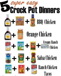 1. BBQ Chicken 3-4 Chicken breasts (boneless,skinless) 16 oz bottle of BBQ Sauce (we like...