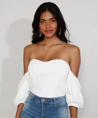 Blusa Feminina Ombro a Ombro Cropped Corset Manga Bufante Off White - cea