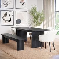 . This bundle includes  . Large Black Oak Extendable Dining Table - Jarel . 4 x Cream Boucle Dining Chairs - Ally . 1 x Large Black Oak Dining Bench - Jarel . Care instructions - . Please use heat-protective mats and; coasters when placing food and; hot/cold drinks onto the table to protect the natural oak wood clean up any spills straight away as oak wood is porous and will absorb liquids.  Features we love Large extendable dining table with textured legsSolid oak ribbed legs create a uniq