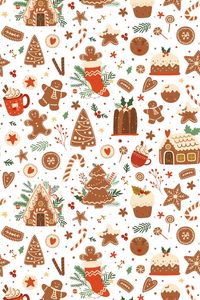 Christmas baking pattern with gingerbread houses, tree, cookies, candy cane. Sweet winter holidays dessert repeat background. Tasty vector illustration for wrapping paper, wallpaper, package design.