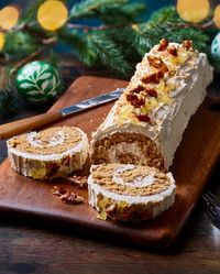 Instead of chocolate, this twist on a classic yule log is flavoured with a festive blend of ginger and cinnamon and comes with a pecan praline and spiced meringue buttercream.