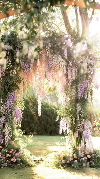 Make your wedding dream come true - Whimsical Garden Archway Draped in Wisteria and Roses: Dreamy Outdoor Wedding Decor Inspiration