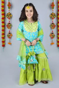 Buy Kids Lane Blue Cotton Kurta Sharara Set For Girls Online | Aza Fashions