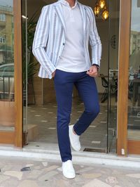 Jason Slim Fit White & Blue Striped Blazer