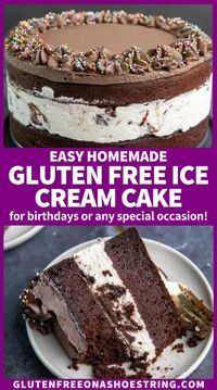 This easy homemade gluten free ice cream cake is made of creamy vanilla ice cream and chocolate crunchies between 2 layers of rich gluten free chocolate cake. A simple chocolate frosting on top makes this cake into an instant celebration! If you want the nostalgic taste of a Carvel ice cream cake but gluten free, this is the gluten free dessert for you!