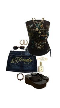 Ed hardy, ed hardy skirt, 00s, 2000s, mini skirt, tube top, brown, brown tube top, flip flops, platform, platform flip flops, gold, gold jewellery, sunglasses