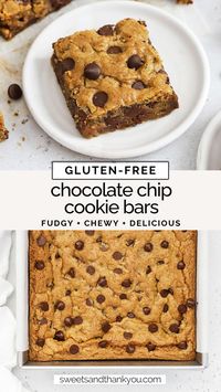 Our easy Gluten-Free Chocolate Chip Cookie Bars recipe is the perfect cookie bar for a crowd! We love the thick, chewy texture and plenty of chocolate in every bite! / gluten-free chocolate chip blondies / gluten free cookie bars / gluten free bar cookie / gluten-free blondie bars / gluten free blondies / gluten-free blondie recipe / gluten-free cookie bar recipe / easy gluten-free dessert / gluten-free cookie bars recipe