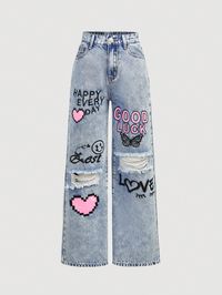 Medium Wash  Collar  Denim Animal,Cartoon,Geometric,Heart,Letter Straight Leg Embellished Non-Stretch  Tween Girls Clothing