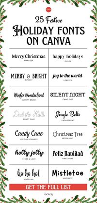 The holiday season is here! Discover 25 festive Christmas fonts on Canva to add some cheer to your designs. Perfect for holiday cards, Pinterest pins, or custom Christmas dinner menus, these fonts will make your creations merry and bright. Find more Christmas fonts, holiday fonts, winter fonts, and Canva holiday fonts at madebymelody.co.