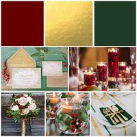 Gold, cranberry and rich green. Formal dining room decor