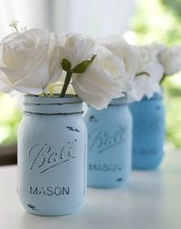 Set of 3 mason jars painted and distressed in ombre beachy and baby blue colors. Perfect for weddings and showers, centerpieces, flowers, shelf and mantel décor, or for use in your office to stylishly hold pencils and pens. They work perfectly with Shabby Chic, Country Chic, Vintage, and Rustic