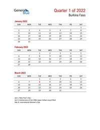 Free quarterly calendar for Burkina Faso with holidays. Holiday calendars in PDF, Word, and Excel are printable and easy to customize.