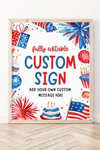 Create the perfect welcome for your celebration with our Editable 4th of July Birthday Custom Sign! Featuring a patriotic red, white, and blue design, this sign can be personalized with your own text. Ideal for greeting guests or decorating your party space, it's easy to customize and print. Add a unique touch to your festivities with this versatile and festive sign! Editable 4th of July Birthday Custom Sign, 4th Of July 1st Birthday Party Decor, Independence Day Patriotic Red White Blue Party Sign LF1