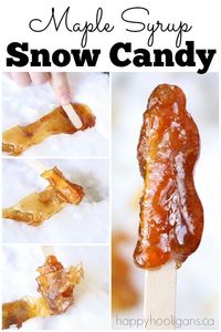 Maple Syrup Snow Candy - How to make snow candy the old fashioned way, just like they did in Little House On The Prairie! #HappyHooligans #WinterActvitiiesForKids #CandyRecipe #RecipesForKids #WinterFun #ClassicKidsActivities #MapleSyrup #SnowCandy