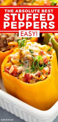 These easy Stuffed Peppers start with gorgeous multi-colored bell peppers, filled with a hearty mix of ground beef, rice, tomatoes, and seasonings, then finished with cheese and baked until tender. It's a perfect all in one healthy, delicious dinner that your family will love!