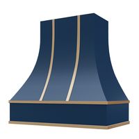 Made from solid plywood, maple veneer and decorated with brass strapping, this handcrafted navy blue wood range hood has a simplified installation and inspection process for ease of use. The two-piece design allows for the base of the hood to be easily mounted to the wall. Once the base is in place, the ventilation can be installed and then the top can be placed onto the base to complete your custom range hood. Before securing the top, inspections can be easily done by removing the top to review