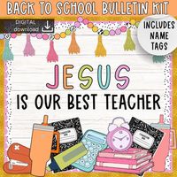 THIS IS A DIGITAL DOWNLOAD   Please follow steps in last photo to download your items. I am unable to email copies to individual emails  Elevate your classroom and keep Jesus at the core of a new school year, with our faith based back to school bulletin board kit! Ideal for any bulletin board or even your classroom door, this cheerful decor will delight both students and parents and get everyone ready for a positive new year and a fresh start!Why go digital? - **Instant Delivery:** Receive it im