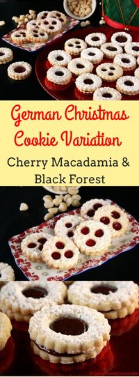 German Christmas Cookies (Spitzbuben) | Two creative variations of my tried and tested recipe for Spitzbuben Cookies, a traditional German Christmas Cookie. Tender and buttery Macadamia Cherry Spitzbuben and Boozy Black Forest Sandwich Cookies #christmas, #cookies, #German, #traditional, #jam