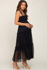 Black Smocked Mesh Maternity Midi Dress – PinkBlush