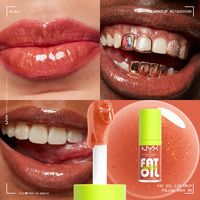 Fat Oil Lip Drip by NYX Cosmetics. FAT SHINE. FAT 12H HYDRATION. FAT PROTECTION. Say hello to Fat Oil, NYX's first lip drip of its kind. Lips drippin' with FAT perks. FAT SHINE. FAT CARE. FAT 12 HR HYDRATION. The fat family is getting FATTER! Get ready for 6 new CREAMY shades. Fat Oil has a high shine finish with comfortable wear and a non-sticky texture. Packed with FAT goodness to keep your lips dripping using cloudberry oil, raspberry oil and squalane. Take your look to the next level with 14