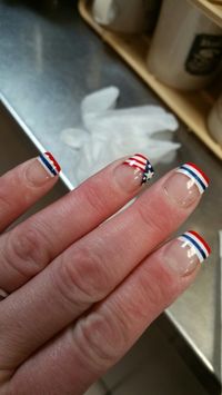 Memorial Day Nails 2016. White Gel French with a Red and Blue line. Diagonal American Flag for accent nail.