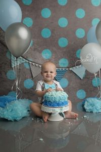 Grey and Blue first Birthday Cake smash session