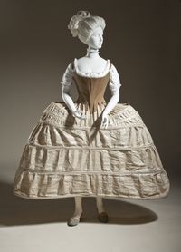 Stays and panier (hoop petticoat), England, stays: c. 1780, panier: 1750-1780. Stays: brown linen twill and baleen; panier: linen plain weave and cane.