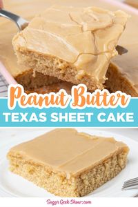 This peanut butter sheet cake recipe is packed with peanut butter flavor from the soft cake and gooey peanut butter glaze. Similar to the chocolate Texas sheet cake, this huge and tasty peanut butter version comes together in just 30. The perfect cake for large gatherings, birthday parties, weddings, and BBQs. #peanutbutterdessert #peanutbuttercake #sheetcake #partydessert