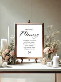 Honor and cherish the memory of loved ones on your special day with this In Memory Wedding Sign. Perfect for weddings, this elegant display serves as a heartfelt tribute to those who couldn't be there to celebrate with you. Features: Elegant Design: Beautifully crafted to complement any wedding theme, from rustic to modern. Meaningful Tribute: A touching way to include loved ones in your celebration. Versatile Format: Ideal for placing on a memory table, at the ceremony entrance, or near the reception area. What You'll Receive: A high-resolution, printable digital file for easy printing at home or through a professional service. How It Works: Purchase and download the file instantly. Print it. Frame or display it at your wedding venue for a meaningful touch. Perfect For: Couples looking to