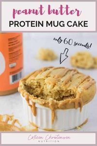 A delicious peanut butter cake packed with protein in just 60 seconds! This protein mug cake recipe is great for a snack between meals or post-workout! A protein mug cake is easy to make in the microwave, easy enough to make a protein cake in a mug any time of day whenever the craving strikes! This is a protein powder mug cake that uses either plant or whey protein powder. Protein powder recipes can be a fun way to get extra protein! #mugcake #proteinpowderrecipe #proteincake