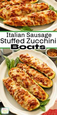 These Italian sausage Stuffed Zucchini Boats are a delicious way to serve whole fresh zucchini as an entrée #stuffedzucchini #stuffedzucchiniboats #Italiazucchini #bakedzucchini #lowcarbzucchinirecipes #ketozucchinirecipes #bestzucchiniboatsrecipe via @melissasssk