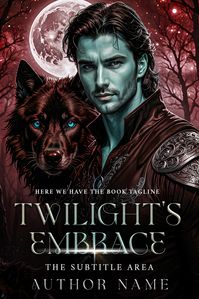 The book cover design for ‘Twilight’s Embrace’ embodies a mysterious and adventurous theme, featuring an image of a man standing beside a wolf against a moonlit forest. The title ‘Twilight’s Embrace’ is written in metallic silver letters, creating a striking contrast with the dark red and silver tones of the background. The wolf’s glowing blue eyes add to the captivating atmosphere, suggesting a supernatural or mythical element. The subtitle area and author name are displayed in white typography, providing a cohesive and consistent look. This cover is ideal for fantasy, adventure, or supernatural stories where the moonlight holds hidden secrets.