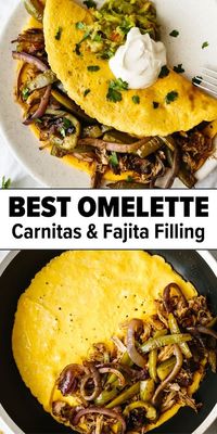 This is the best omelette recipe with a carnitas and fajita veggie filling. It's an easy breakfast recipe that's hearty and perfect to bring Mexican flavors to the table!