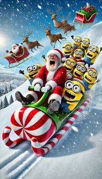 Santa and Minions on a Sleigh going down the snowy mountain. #christmas #christmaswallpapaer